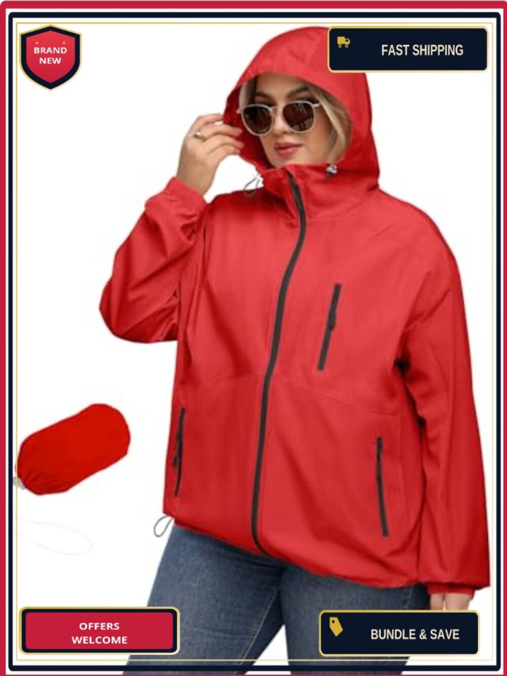 Plus Size Women's Rain Jacket with Hood Waterproof Polyester Windbreaker